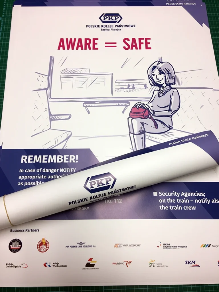 plakat informacyjny PKP "aware = safe"