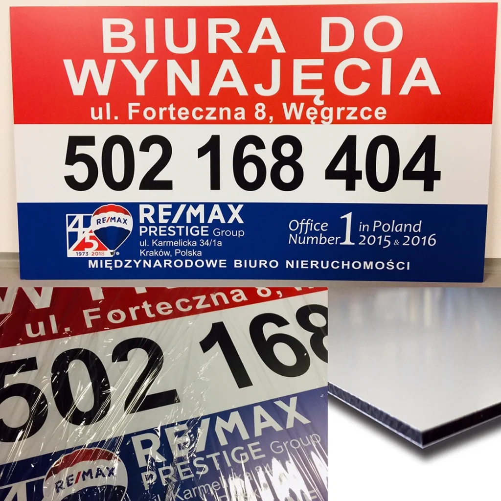 tablica reklamowa wydrukowana w Doble, biuro do wynajęcia