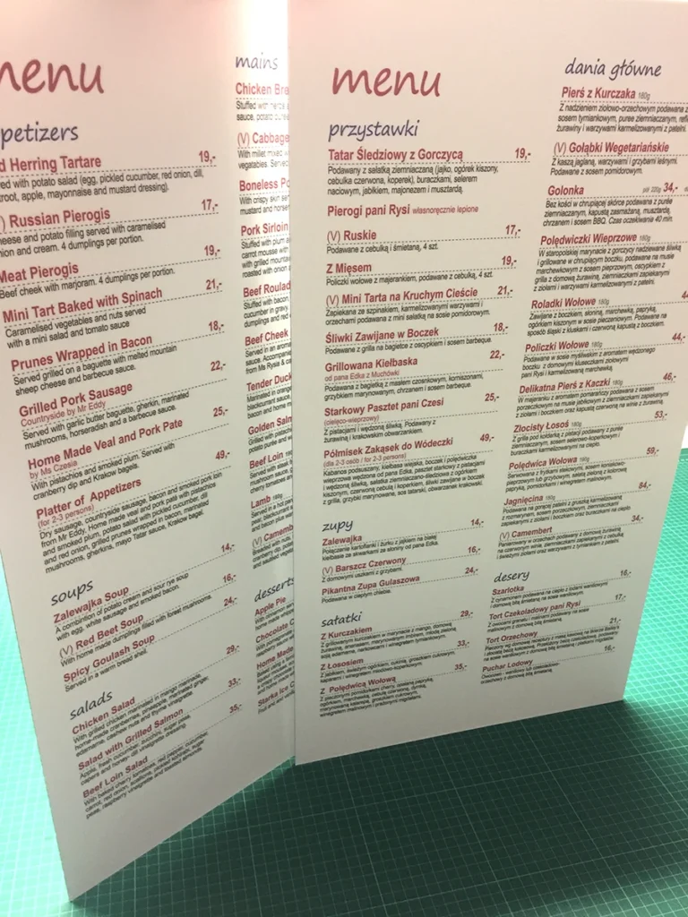 tablica reklamowa wydrukowana w Doble, menu restauracji